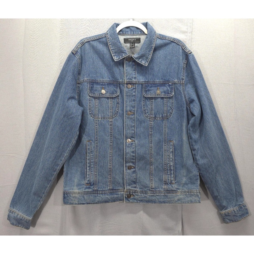Forever 21 Denim Jacket Men L Hand Painted Sequin Mexican Doll Art Unique
